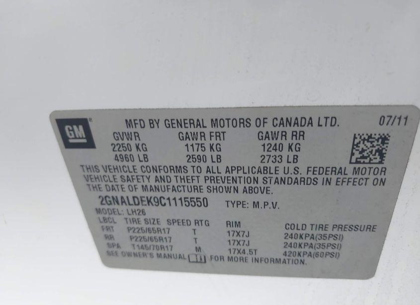 Photo 9 of 2012 Chevrolet Equinox 1LT (VIN 2GNALDEK9C1115550)