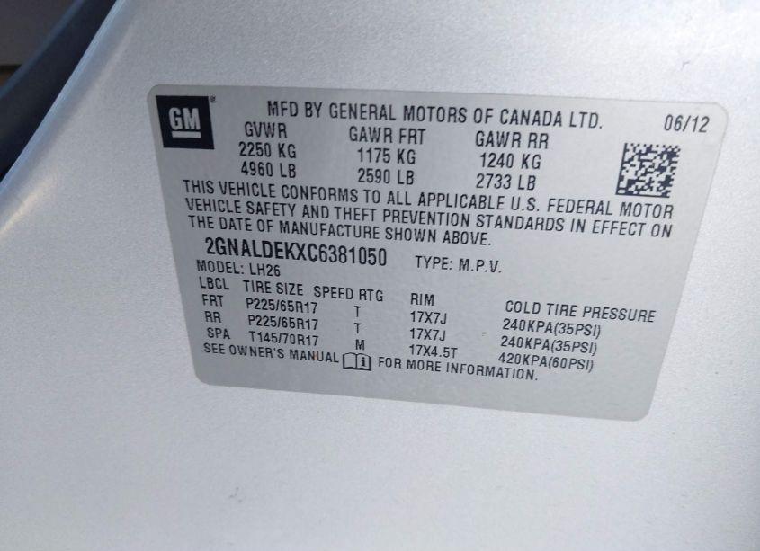 Photo 9 of 2012 Chevrolet Equinox 1LT (VIN 2GNALDEKXC6381050)