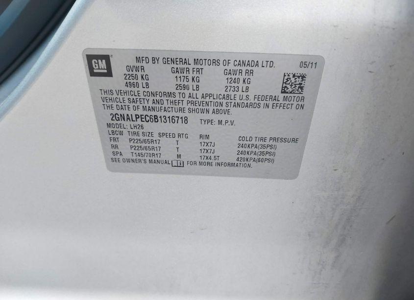 Photo 9 of 2011 Chevrolet Equinox 2LT (VIN 2GNALPEC6B1316718)