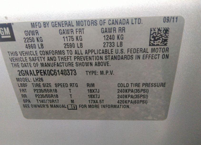 Photo 9 of 2012 Chevrolet Equinox 2LT (VIN 2GNALPEK0C6140373)