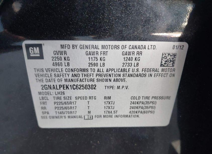 Photo 9 of 2012 Chevrolet Equinox 2LT (VIN 2GNALPEK1C6250302)