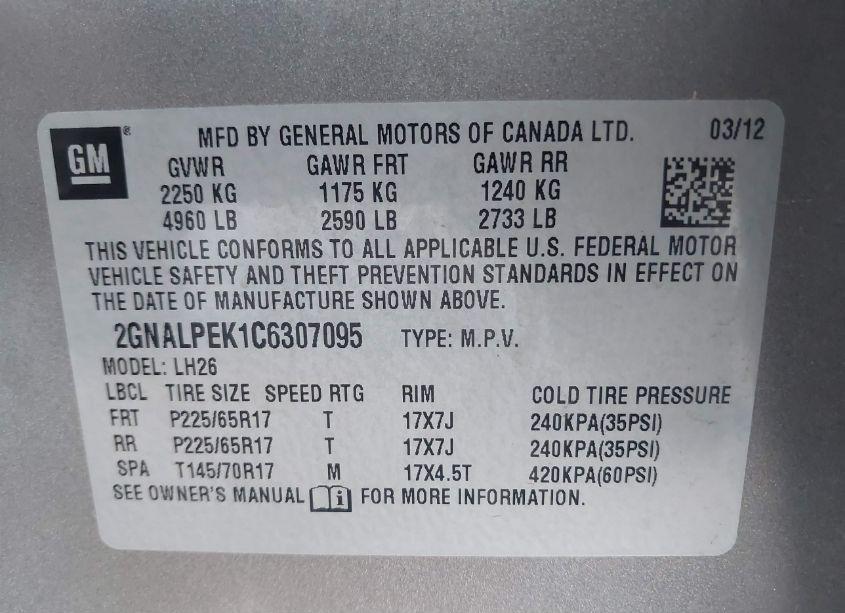 Photo 9 of 2012 Chevrolet Equinox 2LT (VIN 2GNALPEK1C6307095)