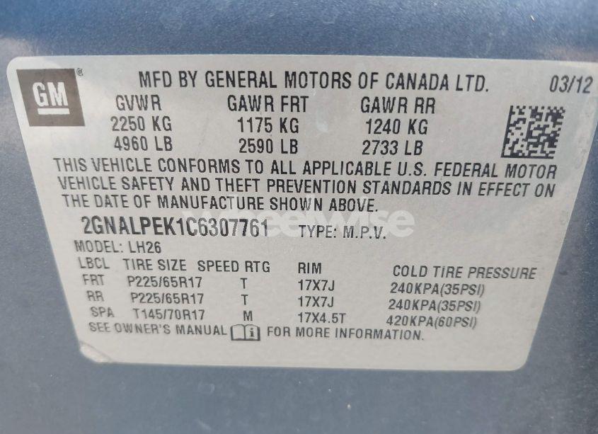 Photo 9 of 2012 Chevrolet Equinox 2LT (VIN 2GNALPEK1C6307761)