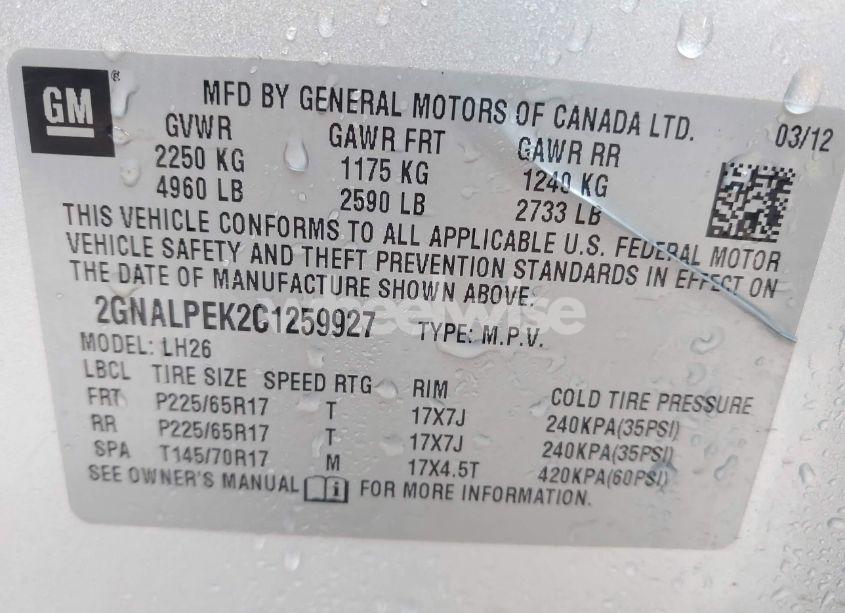 Photo 9 of 2012 Chevrolet Equinox 2LT (VIN 2GNALPEK2C1259927)