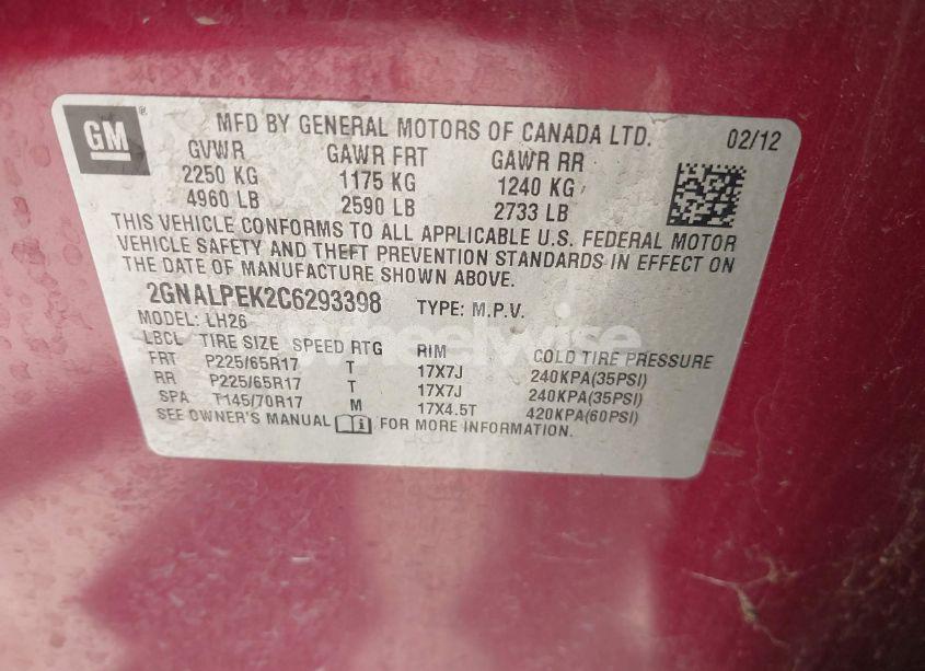 Photo 9 of 2012 Chevrolet Equinox 2LT (VIN 2GNALPEK2C6293398)