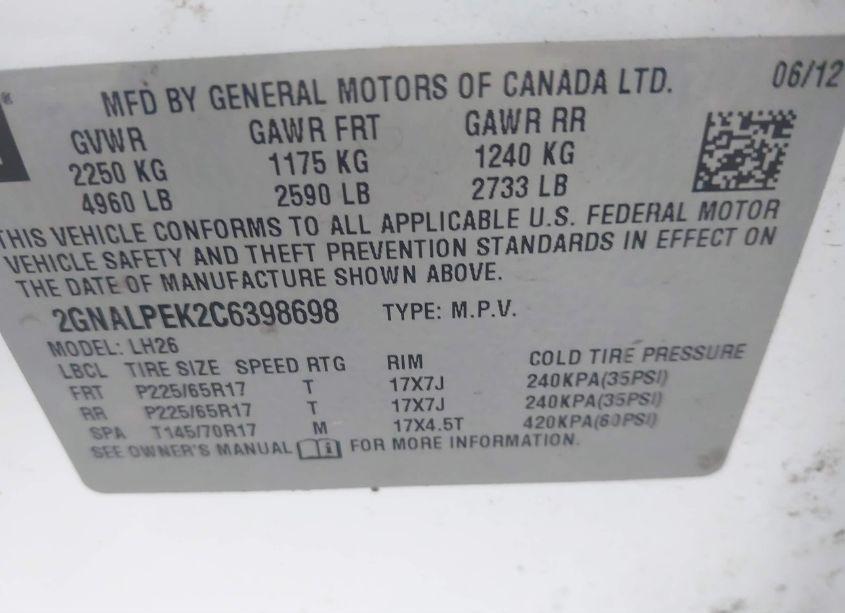 Photo 9 of 2012 Chevrolet Equinox 2LT (VIN 2GNALPEK2C6398698)