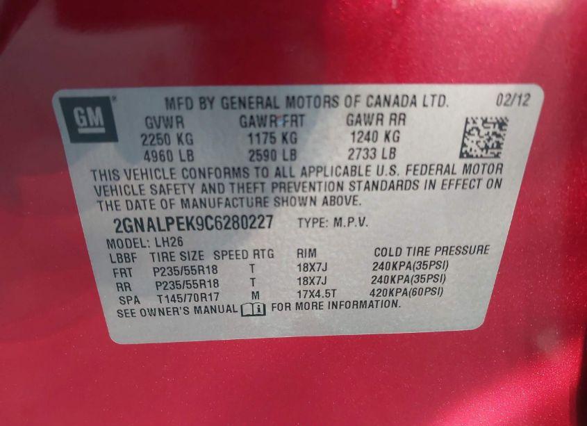 Photo 9 of 2012 Chevrolet Equinox 2LT (VIN 2GNALPEK9C6280227)