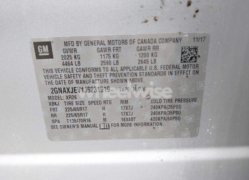 Photo 9 of 2018 Chevrolet Equinox LT (VIN 2GNAXJEV1J6231919)