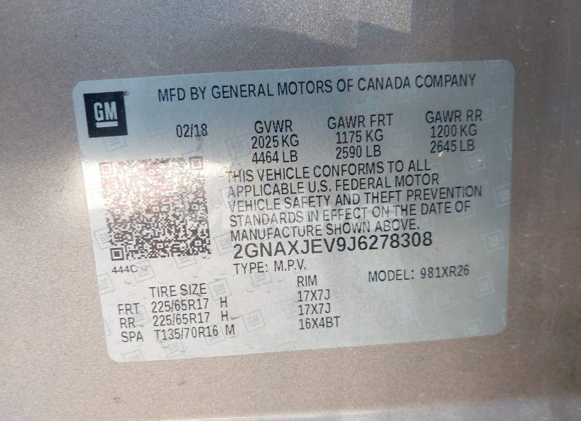 Photo 9 of 2018 Chevrolet Equinox LT (VIN 2GNAXJEV9J6278308)