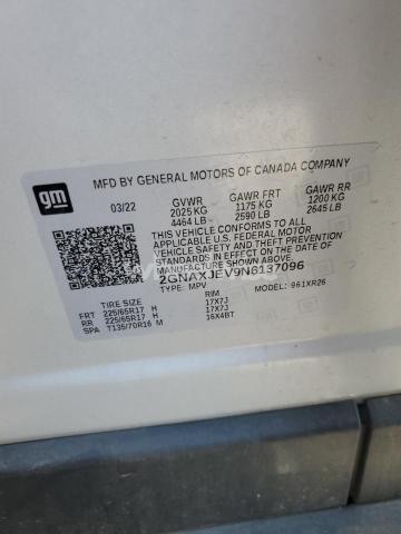 Photo 12 of 2022 CHEVROLET EQUINOX LT (VIN 2GNAXJEV9N6137096)