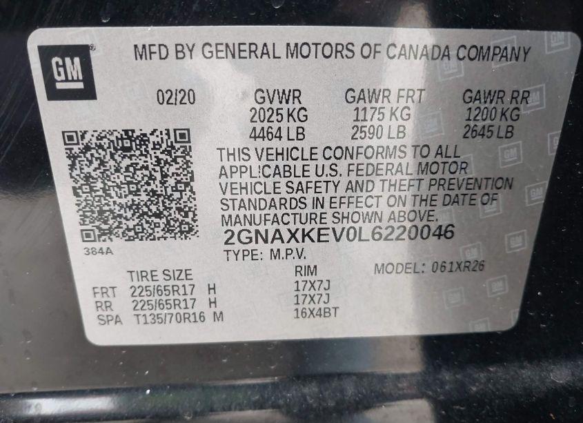 Photo 9 of 2020 Chevrolet Equinox FWD LT 1.5L TURBO (VIN 2GNAXKEV0L6220046)