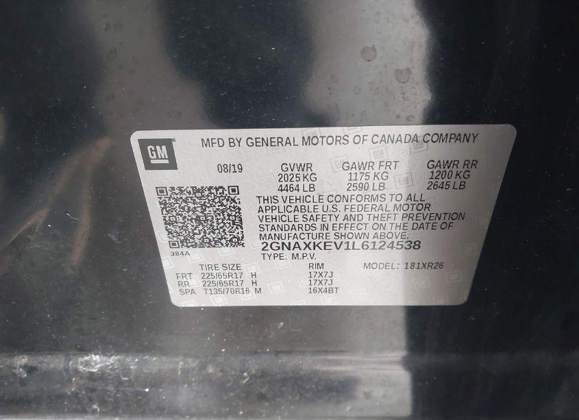 Photo 9 of 2020 Chevrolet Equinox FWD LT 1.5L TURBO (VIN 2GNAXKEV1L6124538)