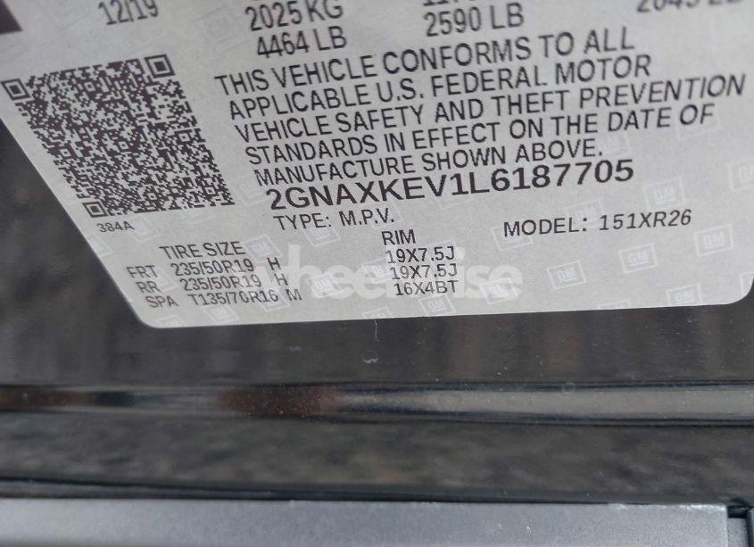 Photo 9 of 2020 Chevrolet Equinox FWD LT 1.5L TURBO (VIN 2GNAXKEV1L6187705)