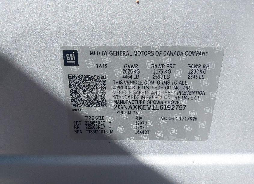 Photo 9 of 2020 Chevrolet Equinox FWD LT 1.5L TURBO (VIN 2GNAXKEV1L6192757)