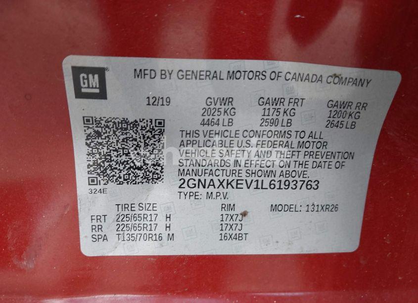 Photo 9 of 2020 Chevrolet Equinox FWD LT 1.5L TURBO (VIN 2GNAXKEV1L6193763)