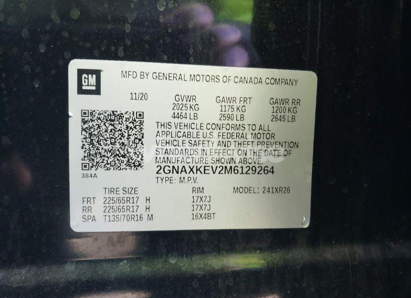 Photo 9 of 2021 Chevrolet Equinox FWD LT (VIN 2GNAXKEV2M6129264)