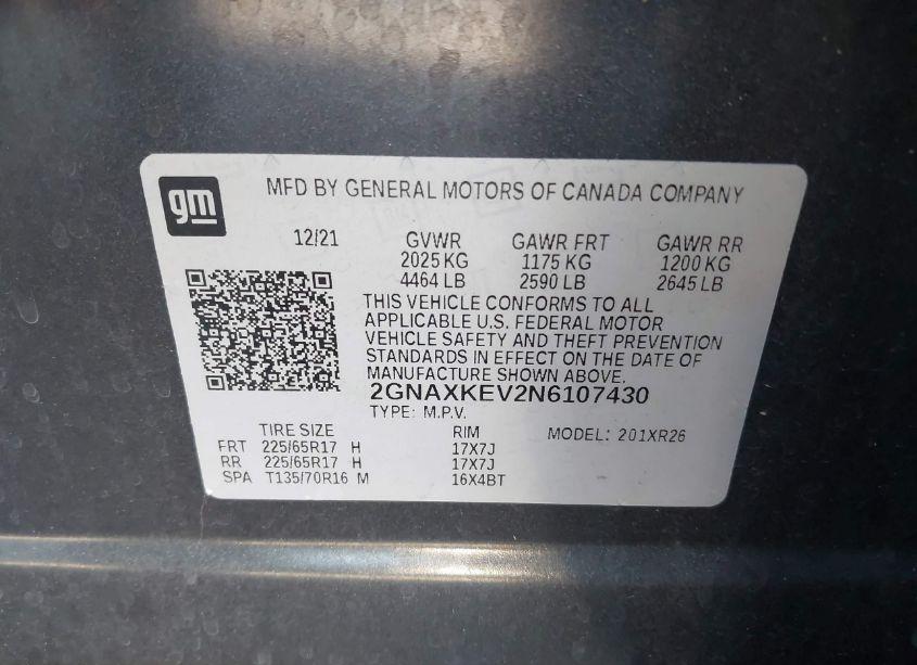Photo 9 of 2022 Chevrolet Equinox FWD LT (VIN 2GNAXKEV2N6107430)