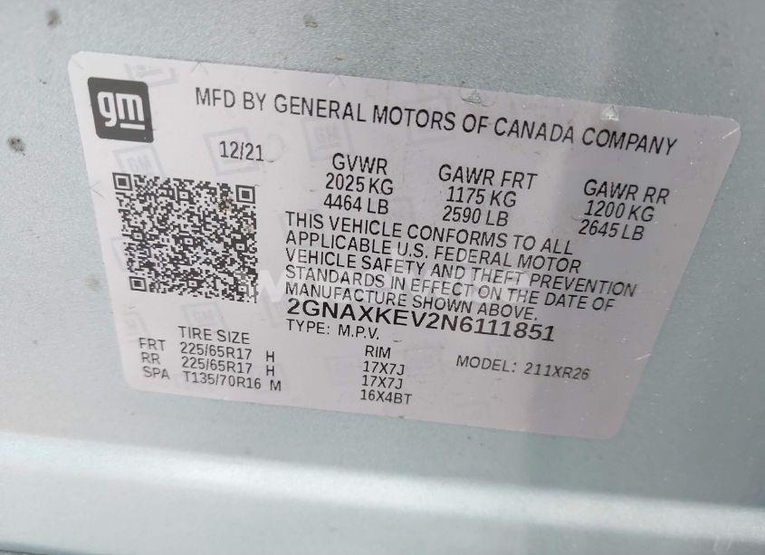 Photo 9 of 2022 Chevrolet Equinox FWD LT (VIN 2GNAXKEV2N6111851)