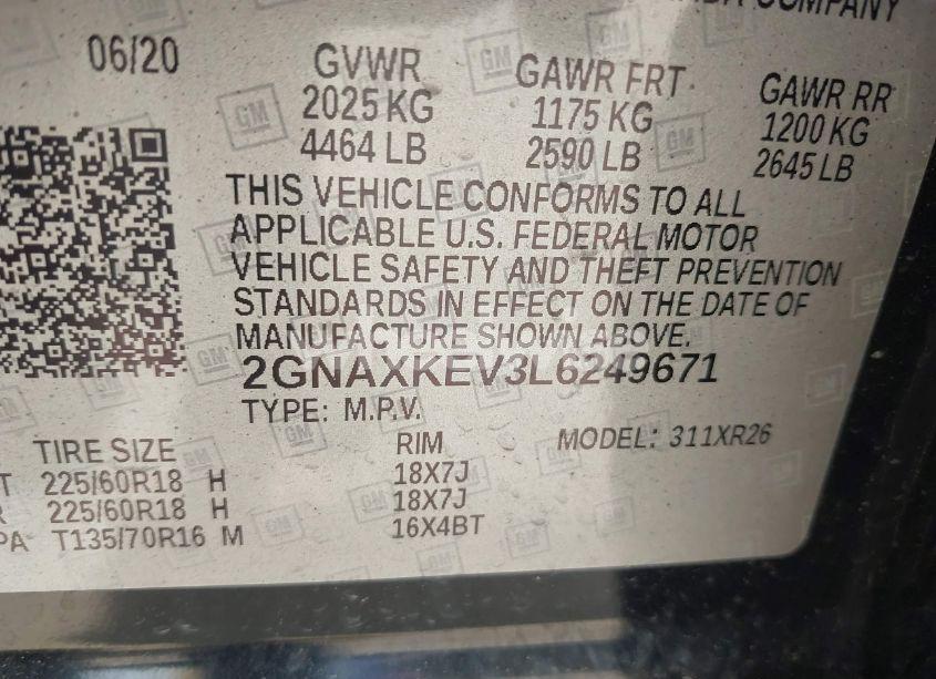 Photo 9 of 2020 Chevrolet Equinox FWD LT 1.5L TURBO (VIN 2GNAXKEV3L6249671)