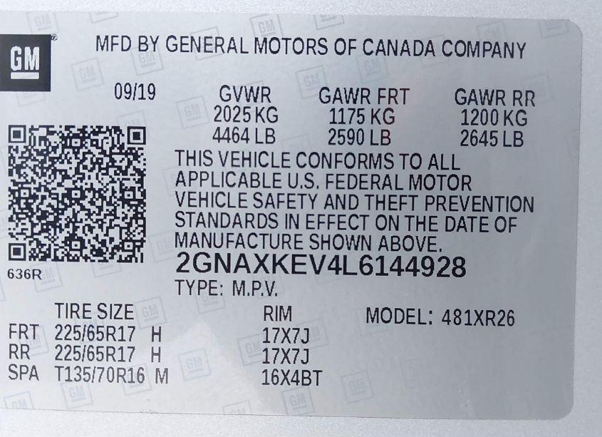 Photo 9 of 2020 Chevrolet Equinox FWD LT 1.5L TURBO (VIN 2GNAXKEV4L6144928)