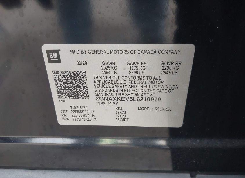 Photo 9 of 2020 Chevrolet Equinox FWD LT 1.5L TURBO (VIN 2GNAXKEV5L6210919)