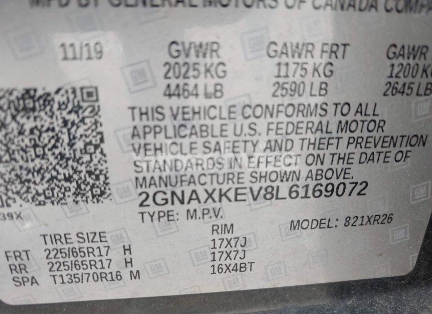 Photo 9 of 2020 Chevrolet Equinox FWD LT 1.5L TURBO (VIN 2GNAXKEV8L6169072)