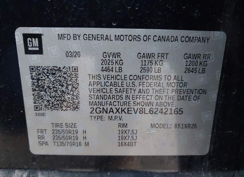 Photo 9 of 2020 Chevrolet Equinox FWD LT 1.5L TURBO (VIN 2GNAXKEV8L6242165)