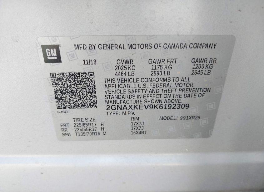 Photo 9 of 2019 Chevrolet Equinox LT (VIN 2GNAXKEV9K6192309)