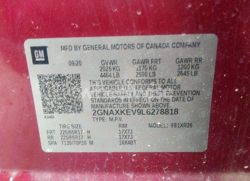 Photo 9 of 2020 Chevrolet Equinox FWD LT 1.5L TURBO (VIN 2GNAXKEV9L6278818)