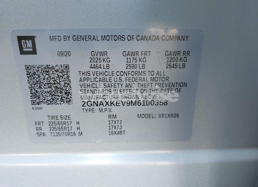 Photo 9 of 2021 Chevrolet Equinox FWD LT (VIN 2GNAXKEV9M6100358)