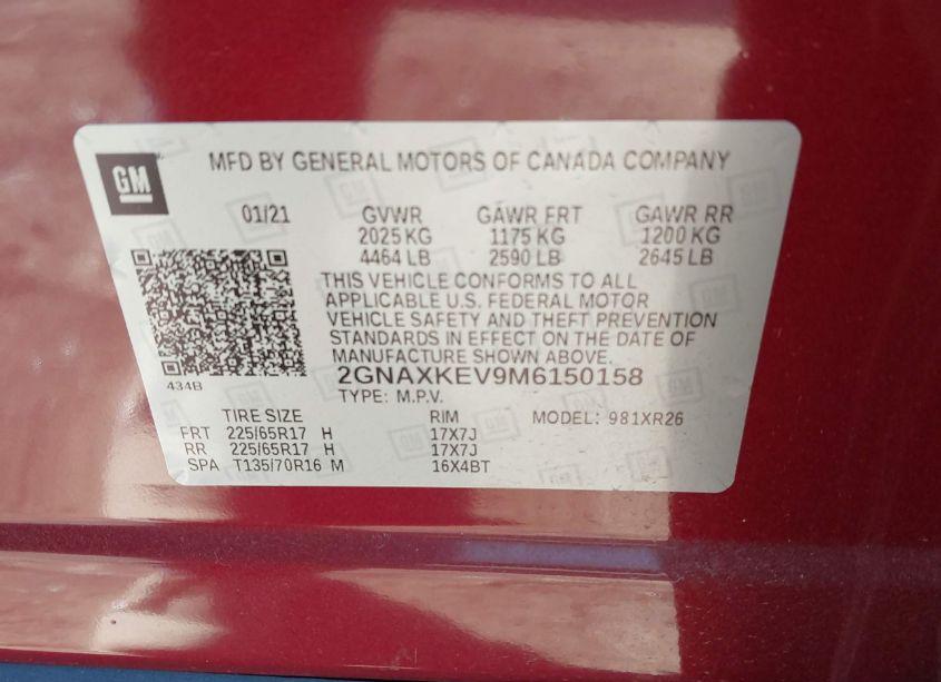 Photo 9 of 2021 Chevrolet Equinox FWD LT (VIN 2GNAXKEV9M6150158)