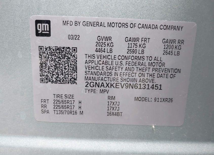 Photo 9 of 2022 Chevrolet Equinox FWD LT (VIN 2GNAXKEV9N6131451)