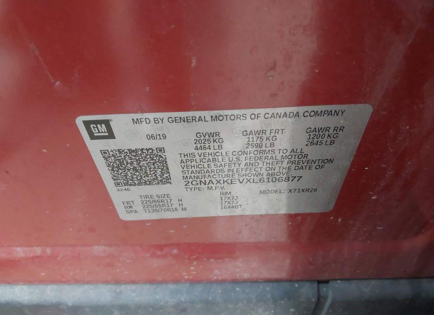 Photo 9 of 2020 Chevrolet Equinox FWD LT 1.5L TURBO (VIN 2GNAXKEVXL6106877)