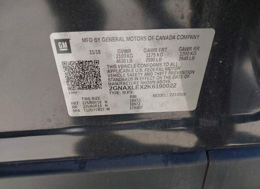 Photo 9 of 2019 Chevrolet Equinox LT (VIN 2GNAXLEX2K6190022)