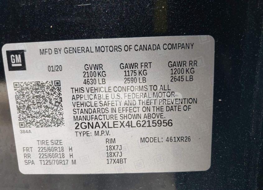 Photo 9 of 2020 Chevrolet Equinox FWD LT 2.0L TURBO (VIN 2GNAXLEX4L6215956)