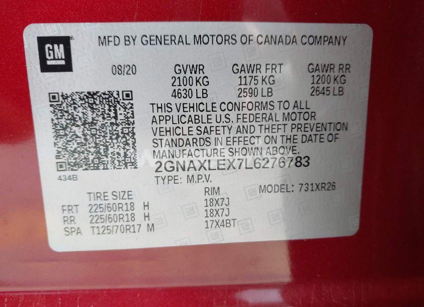 Photo 9 of 2020 Chevrolet Equinox FWD LT 2.0L TURBO (VIN 2GNAXLEX7L6276783)