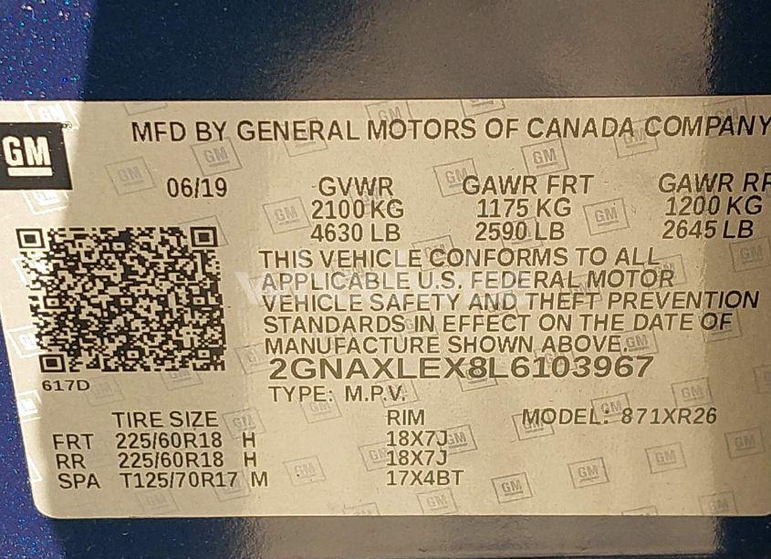 Photo 9 of 2020 Chevrolet Equinox FWD LT 2.0L TURBO (VIN 2GNAXLEX8L6103967)