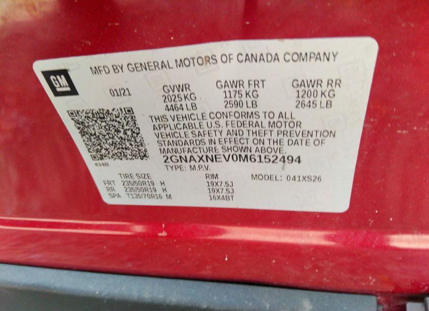 Photo 9 of 2021 Chevrolet Equinox FWD PREMIER (VIN 2GNAXNEV0M6152494)