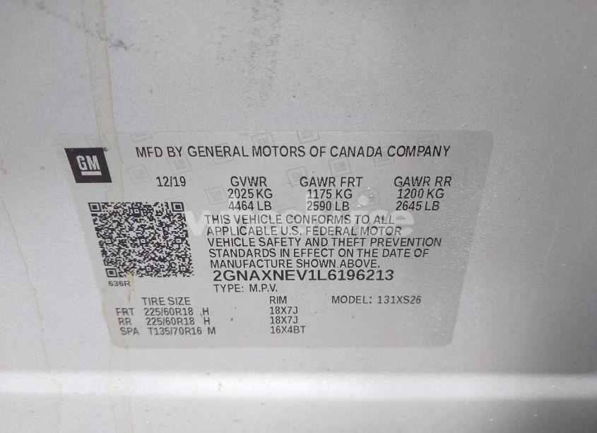 Photo 9 of 2020 Chevrolet Equinox FWD PREMIER 1.5L TURBO (VIN 2GNAXNEV1L6196213)