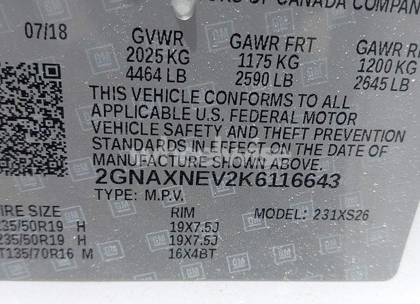 Photo 9 of 2019 Chevrolet Equinox PREMIER (VIN 2GNAXNEV2K6116643)