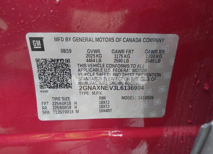 Photo 9 of 2020 Chevrolet Equinox FWD PREMIER 1.5L TURBO (VIN 2GNAXNEV3L6136904)