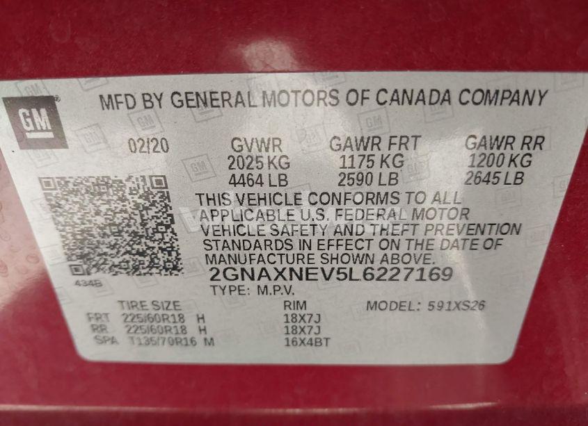 Photo 9 of 2020 Chevrolet Equinox FWD PREMIER 1.5L TURBO (VIN 2GNAXNEV5L6227169)