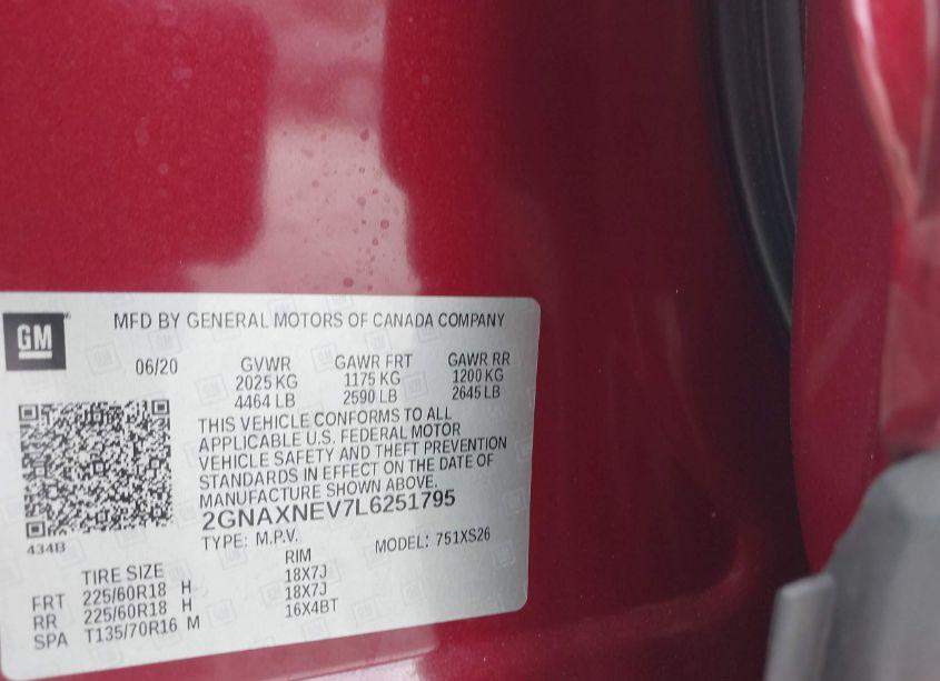 Photo 9 of 2020 Chevrolet Equinox FWD PREMIER 1.5L TURBO (VIN 2GNAXNEV7L6251795)