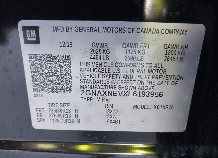 Photo 9 of 2020 Chevrolet Equinox FWD PREMIER 1.5L TURBO (VIN 2GNAXNEVXL6193956)