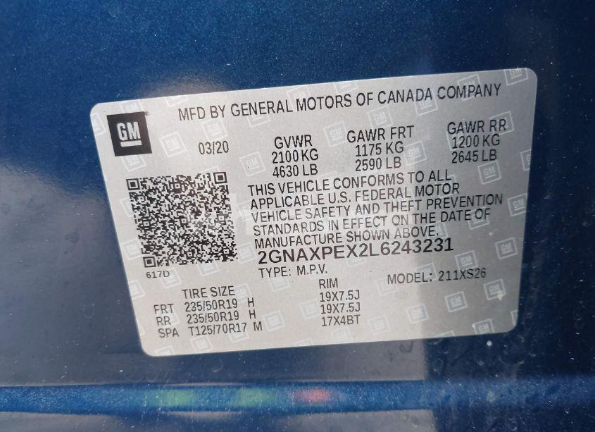 Photo 9 of 2020 Chevrolet Equinox FWD PREMIER 2.0L TURBO (VIN 2GNAXPEX2L6243231)