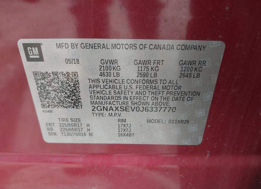 Photo 9 of 2018 Chevrolet Equinox LT (VIN 2GNAXSEV0J6337770)