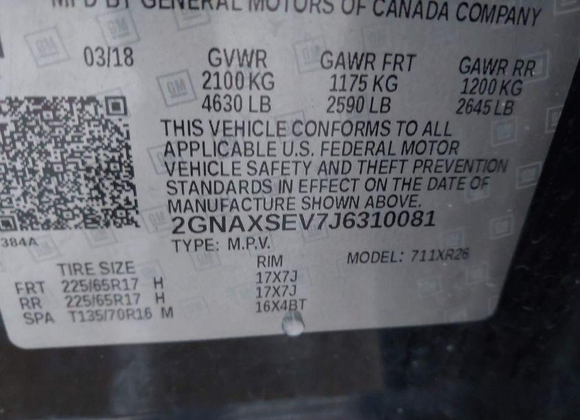 Photo 9 of 2018 Chevrolet Equinox LT (VIN 2GNAXSEV7J6310081)