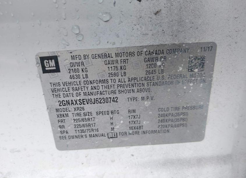 Photo 9 of 2018 Chevrolet Equinox LT (VIN 2GNAXSEV8J6230742)