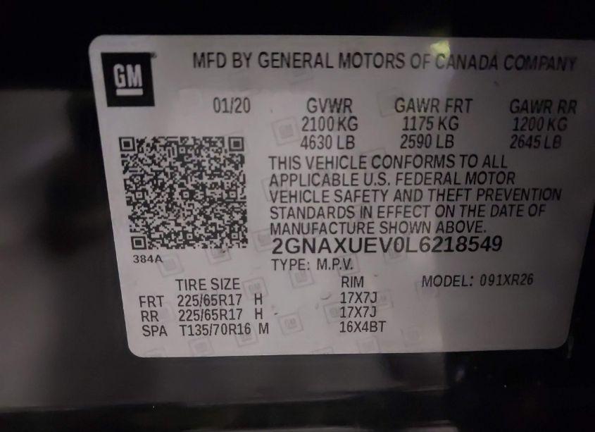 Photo 9 of 2020 Chevrolet Equinox AWD LT 1.5L TURBO (VIN 2GNAXUEV0L6218549)