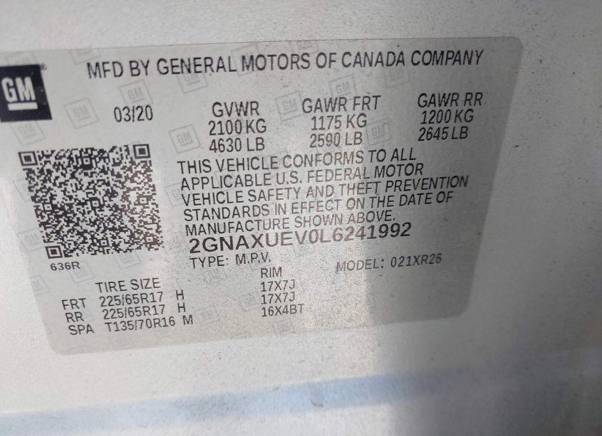 Photo 9 of 2020 Chevrolet Equinox AWD LT 1.5L TURBO (VIN 2GNAXUEV0L6241992)